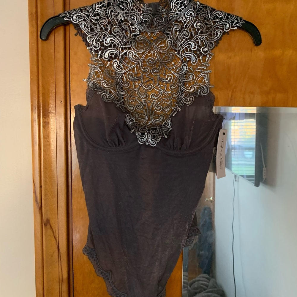 Oh La La Cherie sheer gray bodysuit with lace front/top. SMALL NWT - Picture 4 of 6